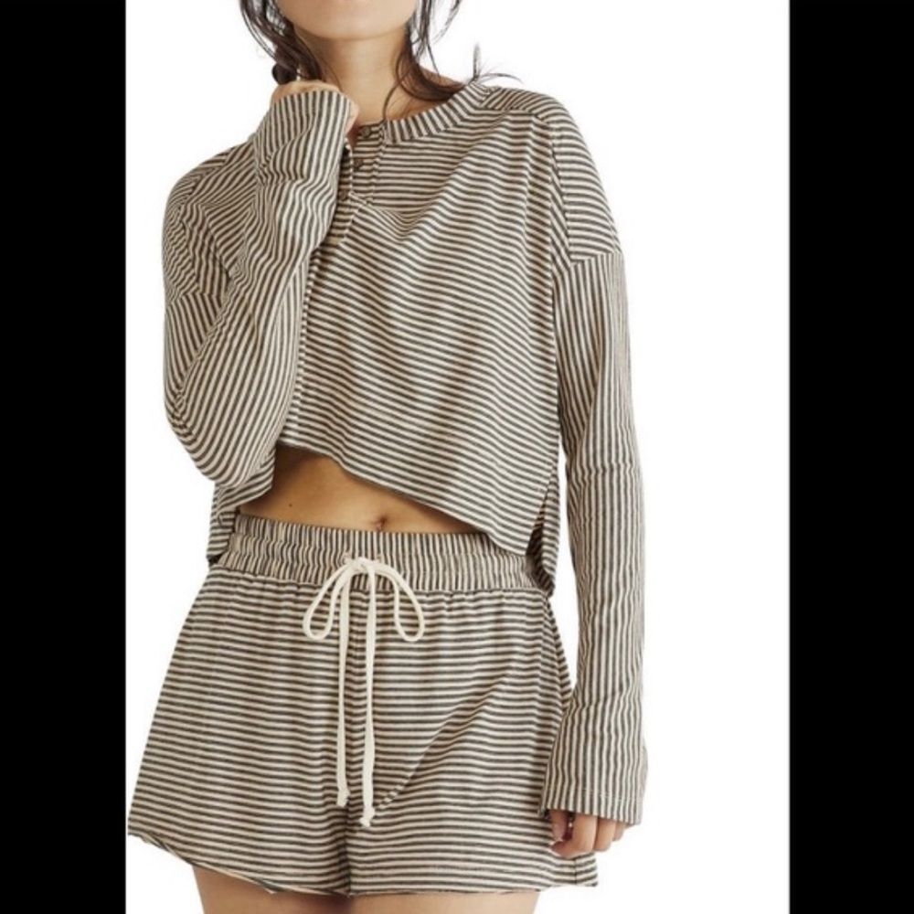 Free People Women's Seeing Striped Lounge Pajamas Sleep Set Tan Black SZ XS NWT